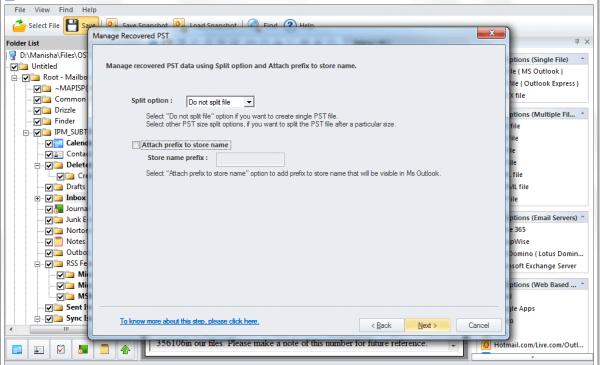 options for the splitting of file