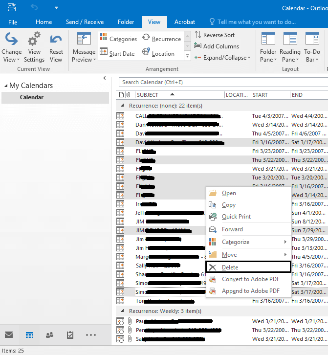 How to delete duplicate Calendar entries in Outlook 2016? Emails