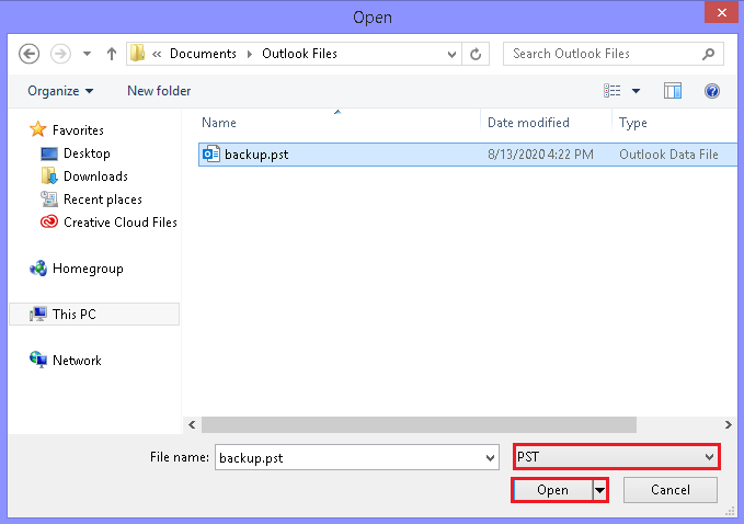 select the PST file to open