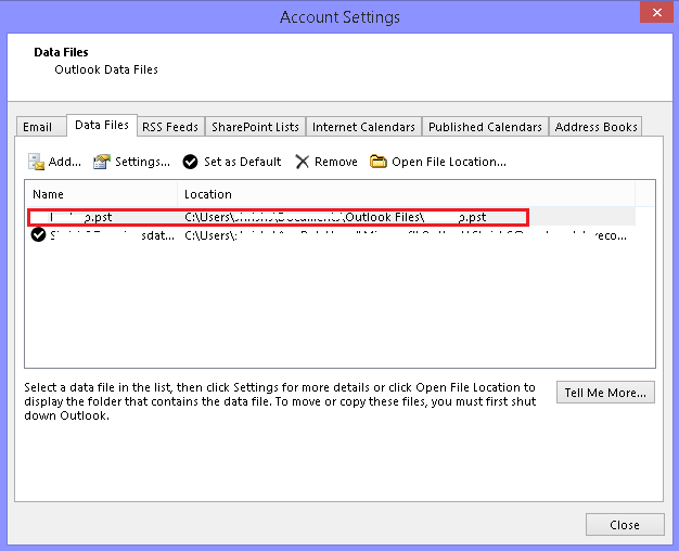 Select Outlook Data File