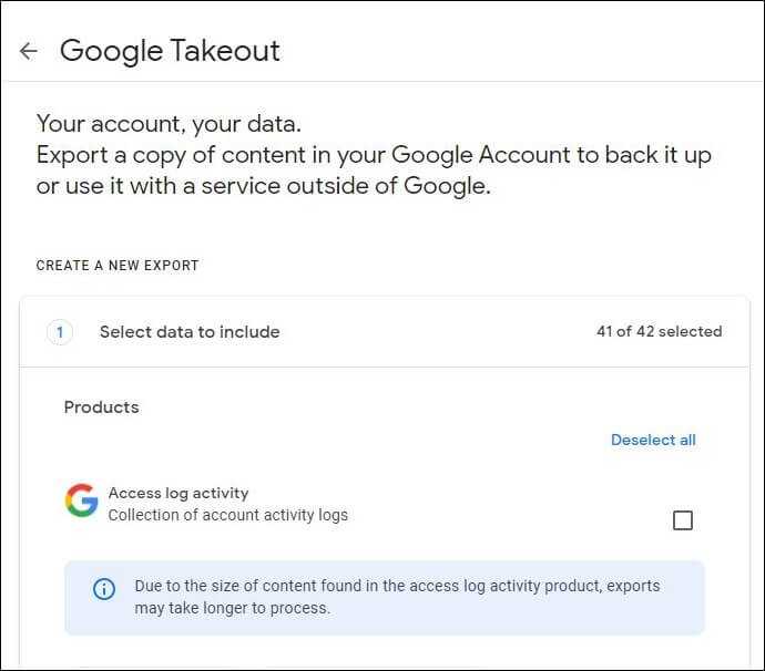 Google Takeout dashboard